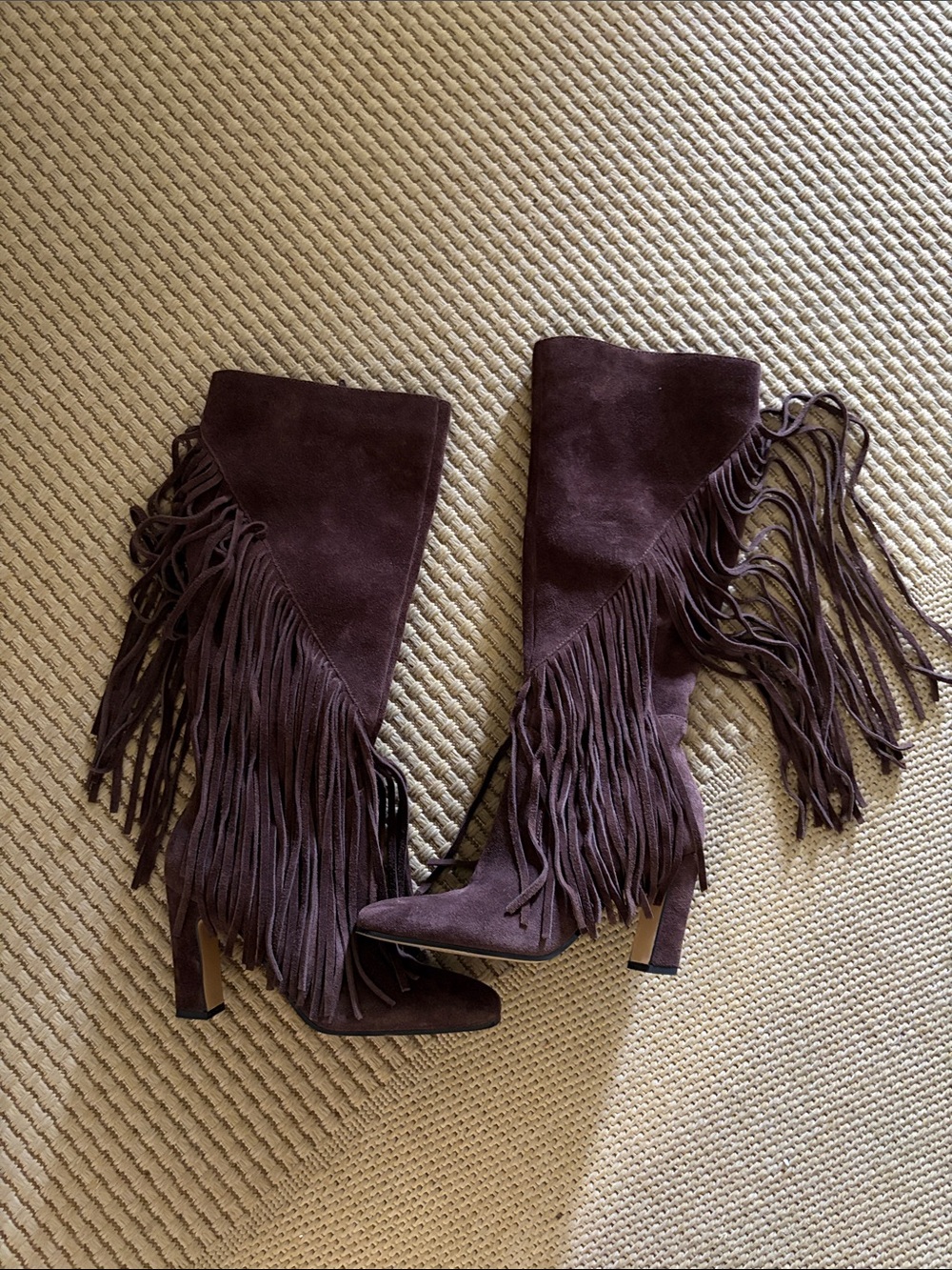 Fringe Suede Knee-High Boots - Dark Brown